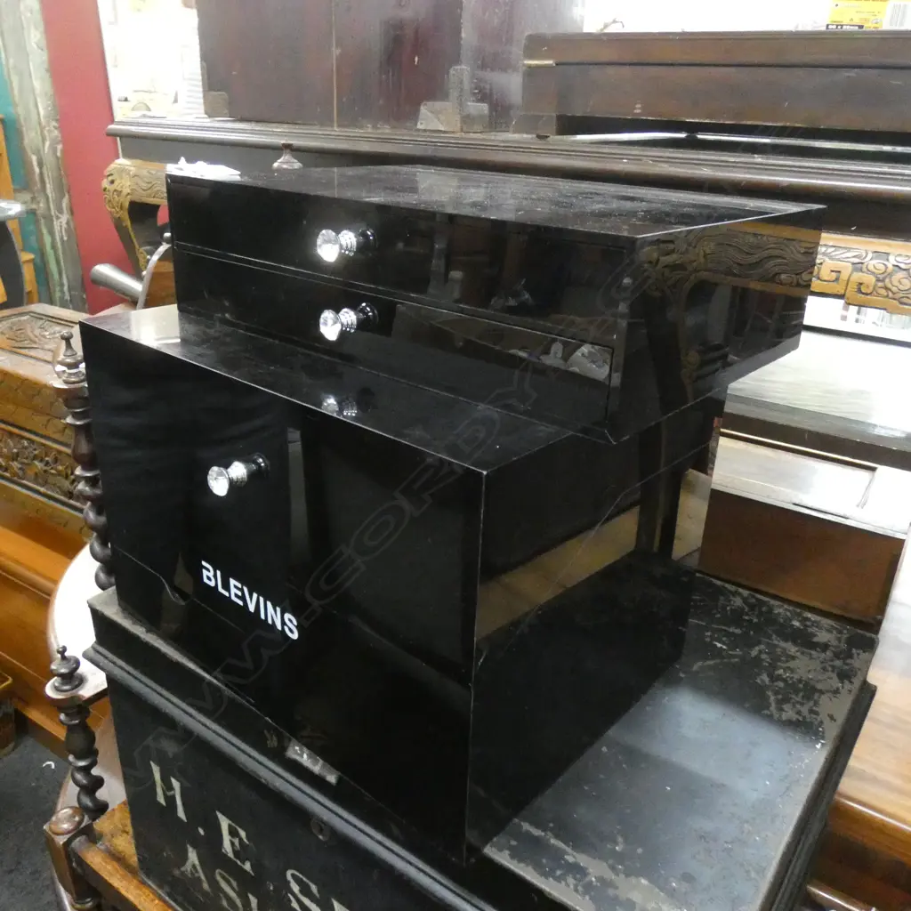 2 BLACK PLASTIC JEWELLERY BOXES 'BLEVINS' W.340mm Image 1++