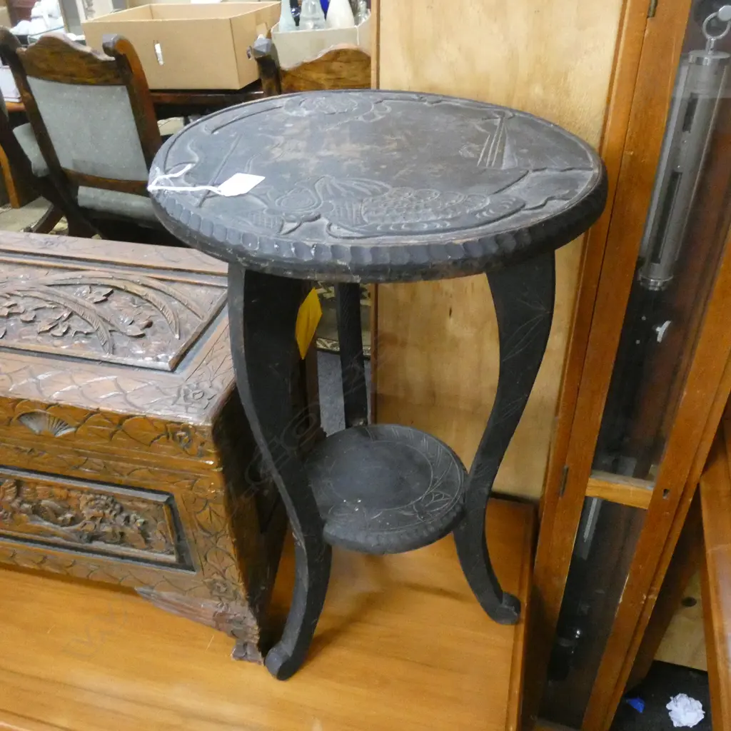 CARVED WOODEN AESTHETIC MOVEMENT EBONISED SIDE TABLE H.600mm 380mm dia Image 1++