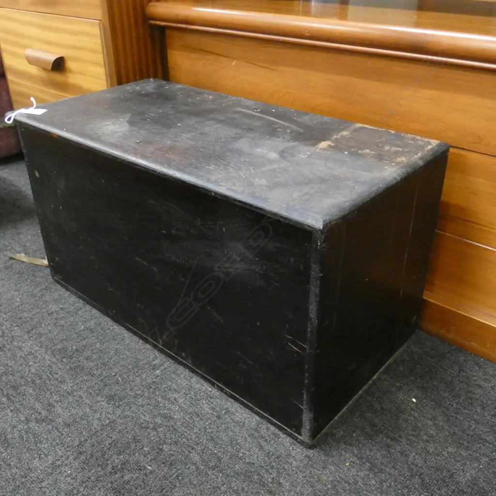 DARK PAINTED WOODEN BOX W.605mm & CONTENTS; MOROCCAN LAMP, BAROMETER, CHINESE BOWLS ETC Image 1++