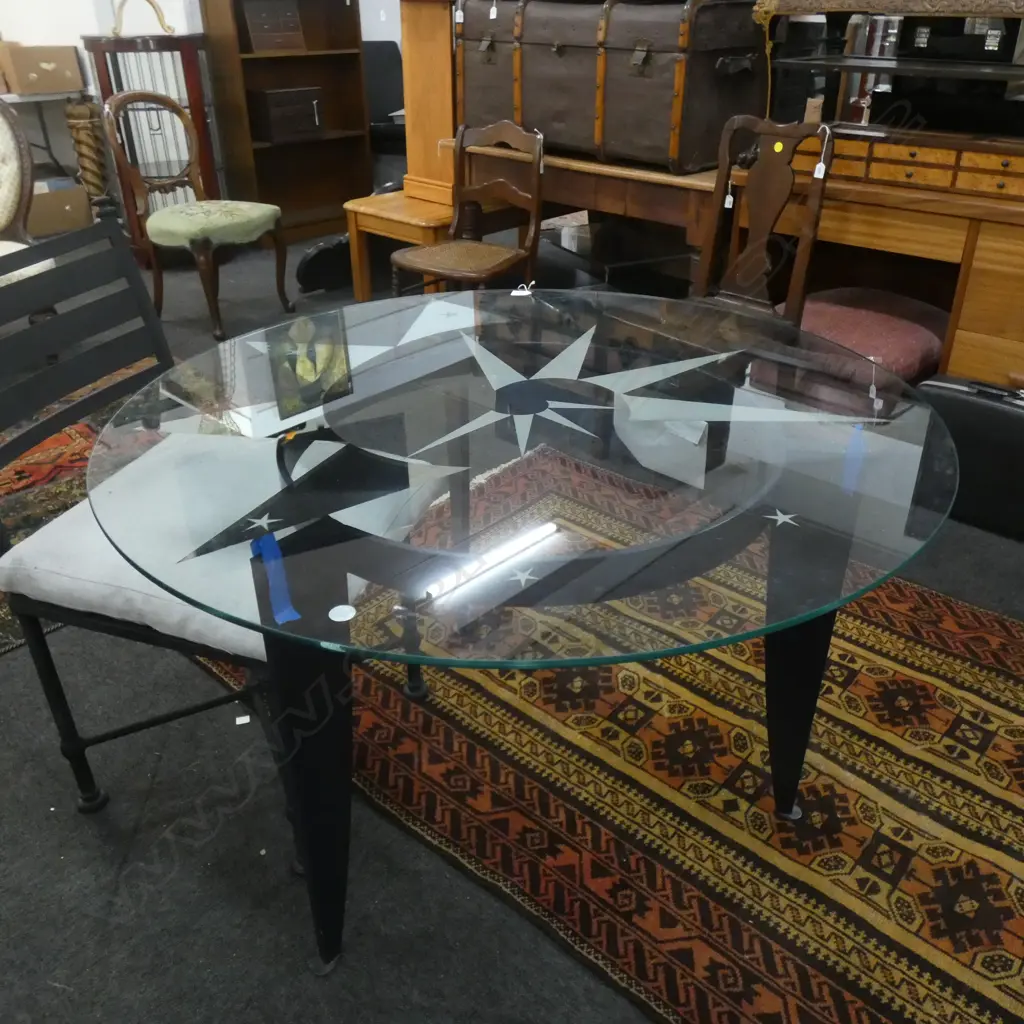 CIRCULAR DOUBLE GLASS TOP TABLE w. WROUGHT IRON 3 LEG BASE 1100mm dia Image 1++