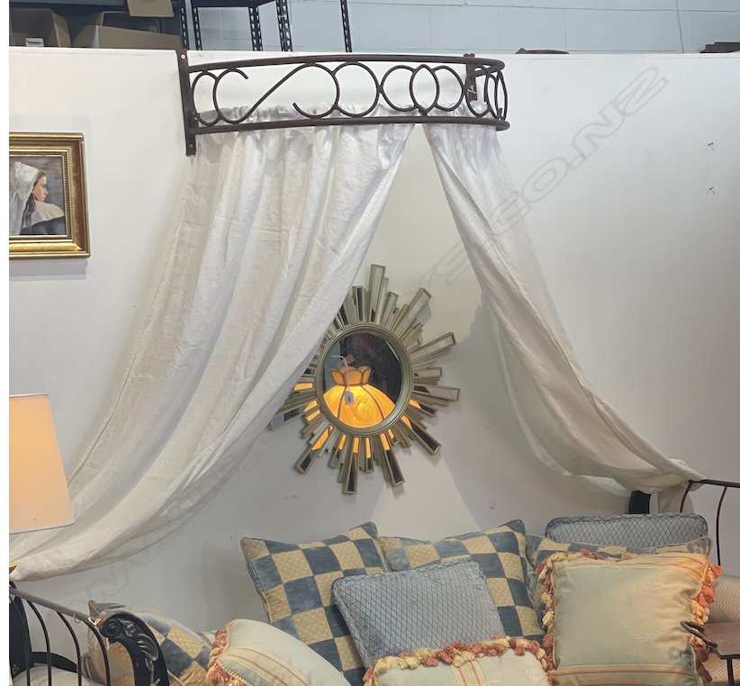 FRENCH METAL CORONET BED CANOPY DRAPERY HANGER w. WHITE LINEN DRAPES 825 X 390MM Image 1++