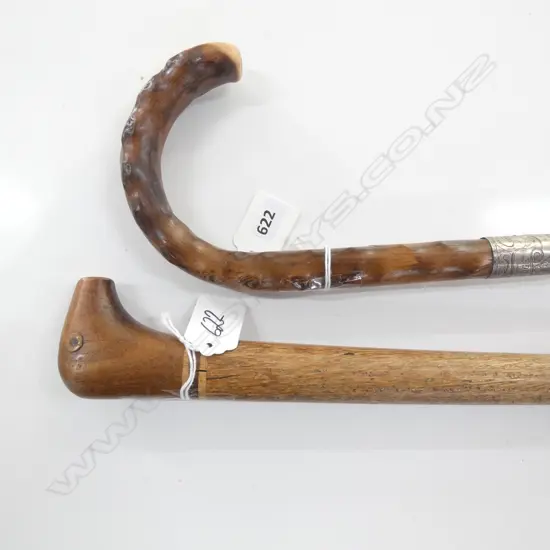 2 WALKING STICKS; PITCAIRN ISLAND L.890mm + HEDGEROW STICK w. SILVER COLLAR