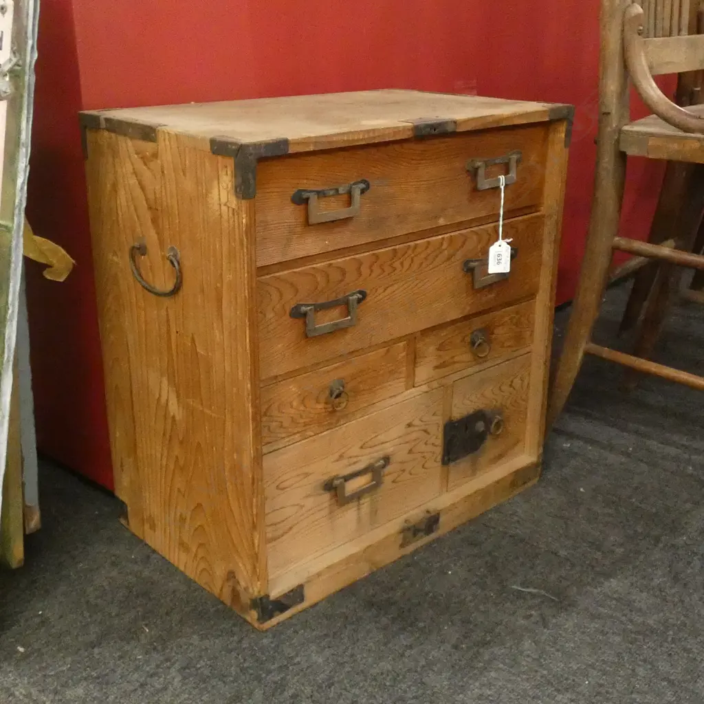 SM VINTAGE LIGHT WOODEN JAPANESE TANSU CHEST 6 DRAWER 450 X 280 X 460MM Image 1++