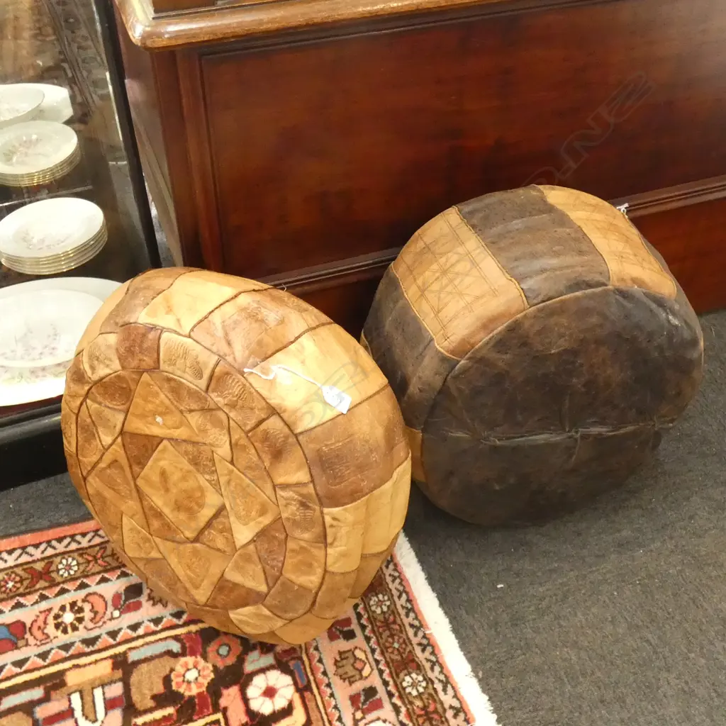 2 VINTAGE BROWN LEATHER PATCHWORK POUFS 500mm dia Image 1++