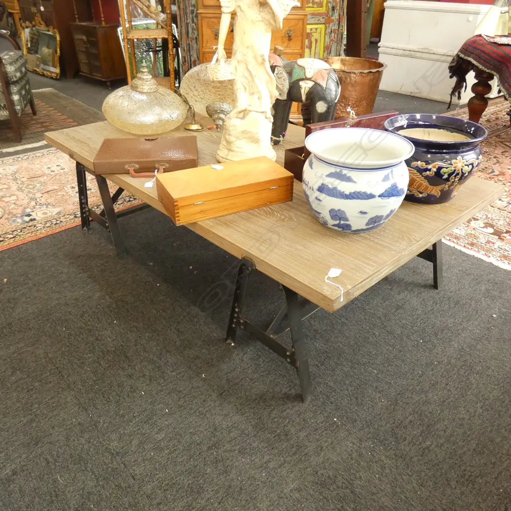 BLONDE OAK TOPPED COFFEE TABLE METAL TRESTLE STANDS Image 1++