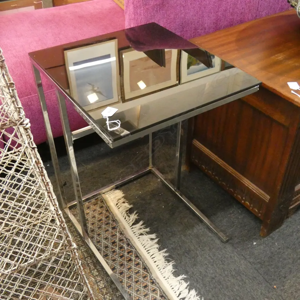 BLACK GLASS TOPPED CHROME TABLE... Image 1++
