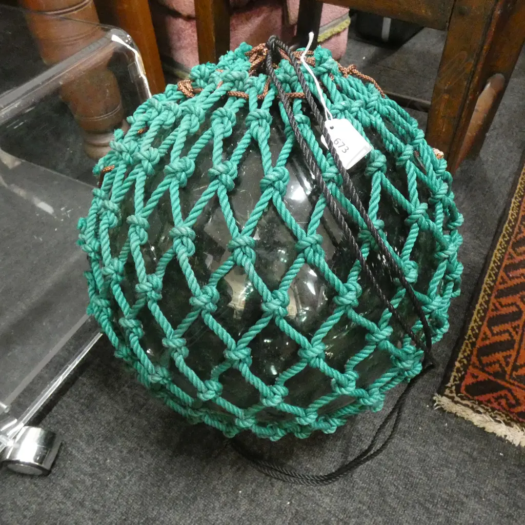 OLD GLASS LARGE FISHING FLOAT WITH GREEN NETTING 390mm dia Image 1++