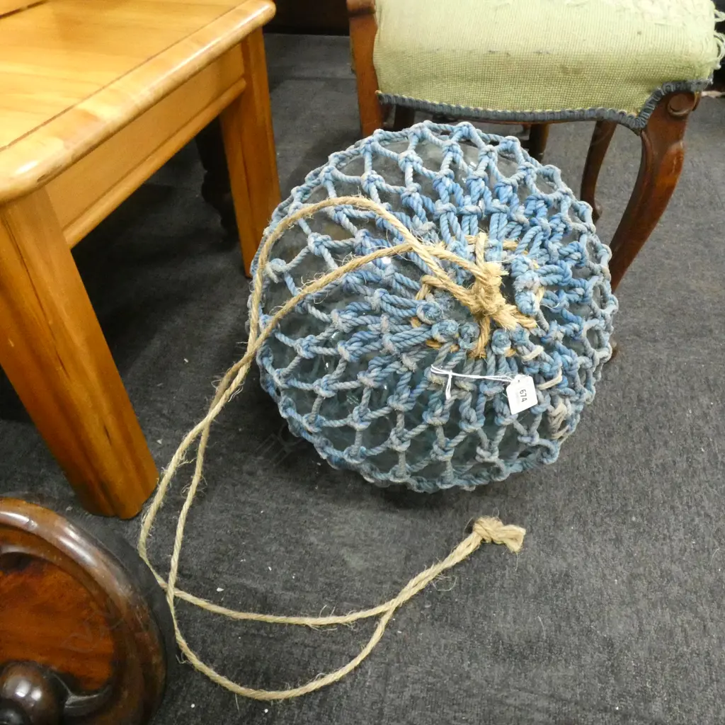 OLD GLASS LARGE FISHING FLOAT WITH BLUE NETTING 390mm dia Image 1++