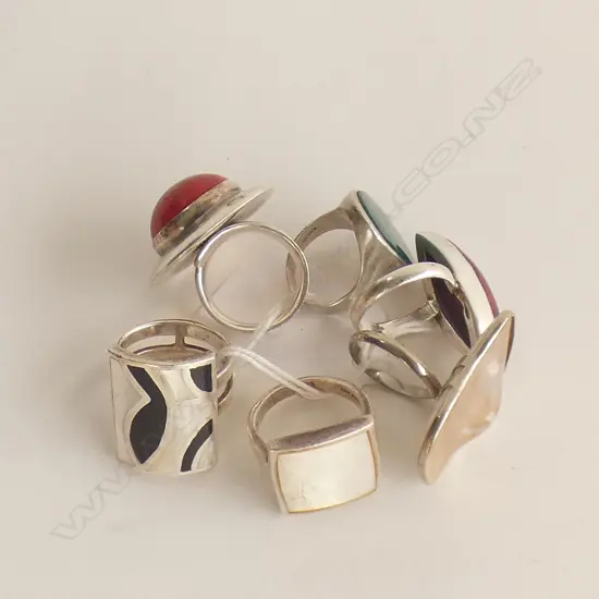 920263) 6 STYLISH LGE SILVER RINGS SET W STONES MOP ETC