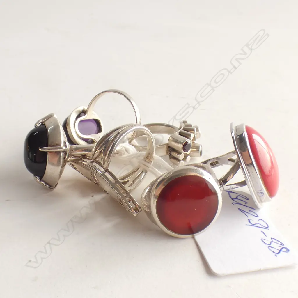 (20263) 6 STYLISH SILVER & GEM SET RINGS. ONYX. PURPLE CABOCHON ETC Image 1++