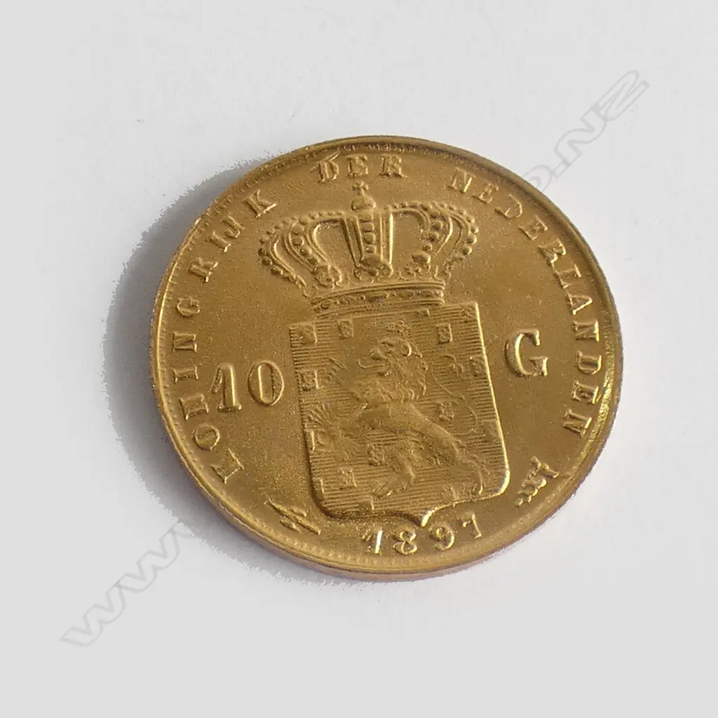 10 GUILDER 1897 GOLD COIN 5.8 gm .90% PURE Dia.22.5mm Image 1++