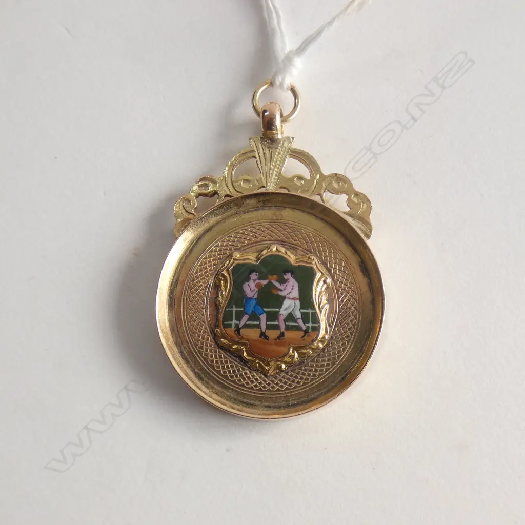 9CT GOLD 1927 ENAMELLED BOXING FOB MEDALLION 7gms Image 1++