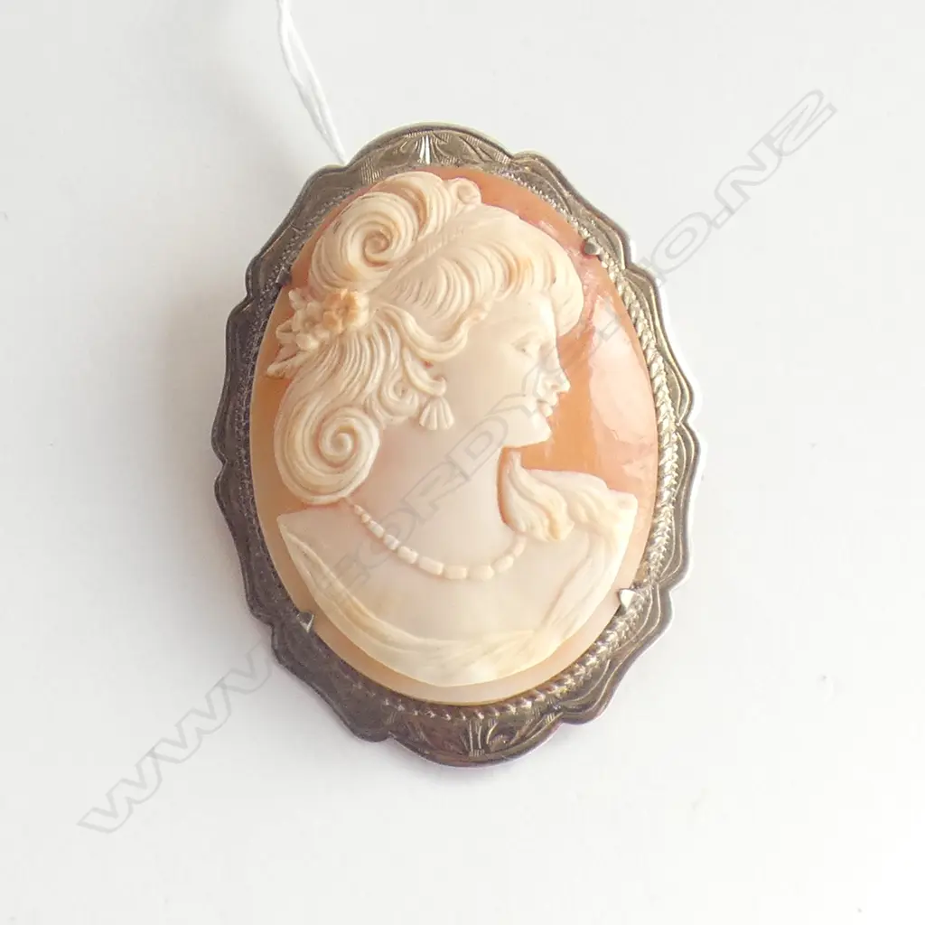 VINTAGE SILVER GILT FRAMED CAMEO BROOCH ELEGANT LADY Image 1++