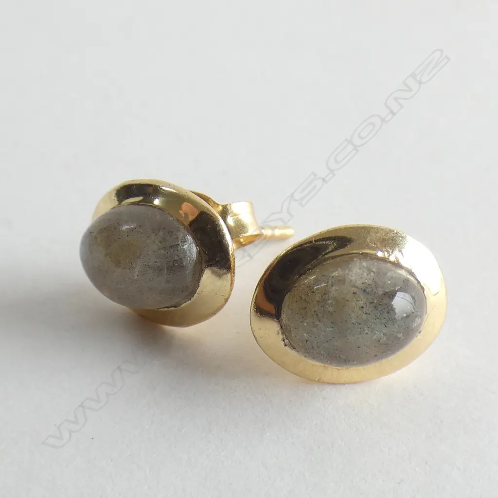 PR LABRADORITE & GOLD PLATED 925 SILVER STUD EARRINGS Image 1++