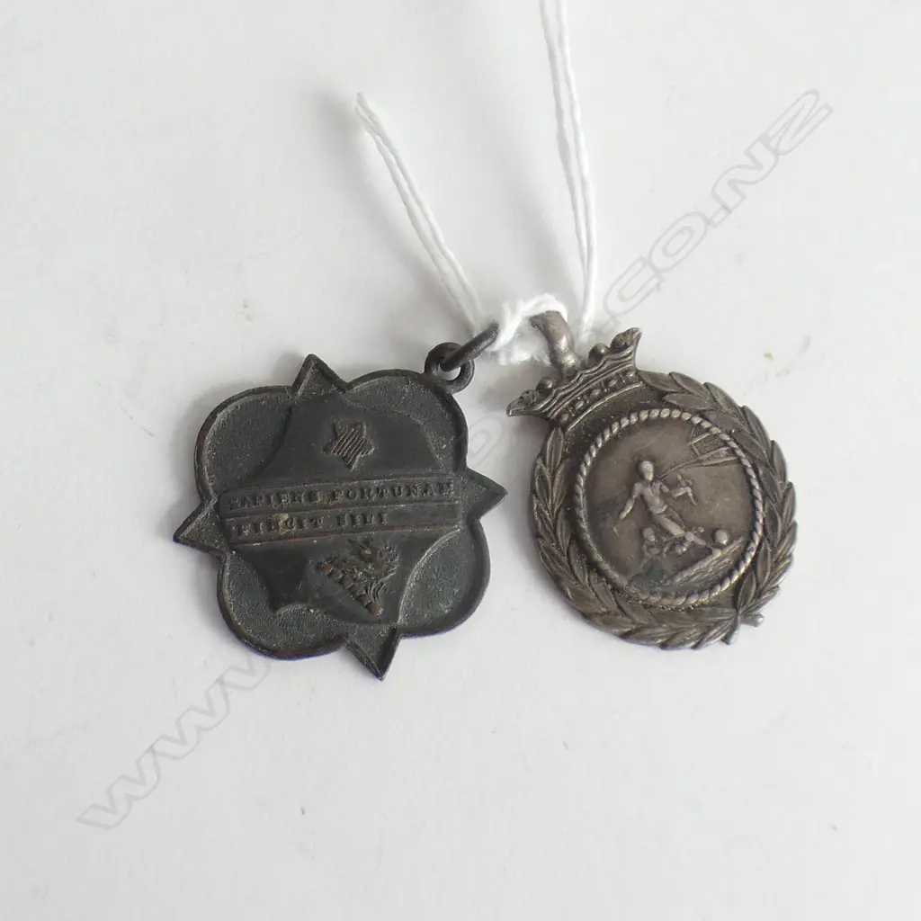2 OLD FOB MEDALLIONS: 1 SILVER 1927 FOOTBALL. 1 BRONZE Image 1++