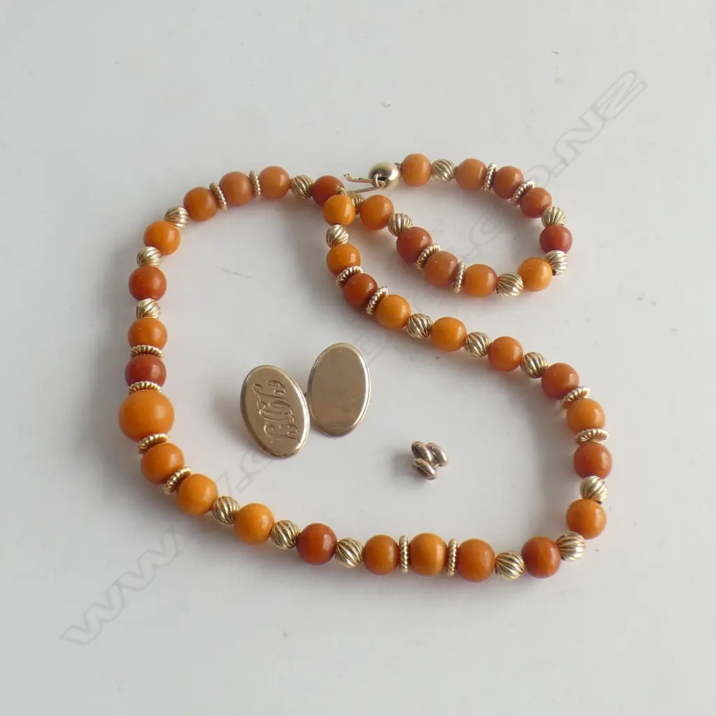 9ct GOLD & AMBER BEAD NECKLACE/9CT GOLD CUFFLINK/GOLD LINK 4.17gm Image 1++