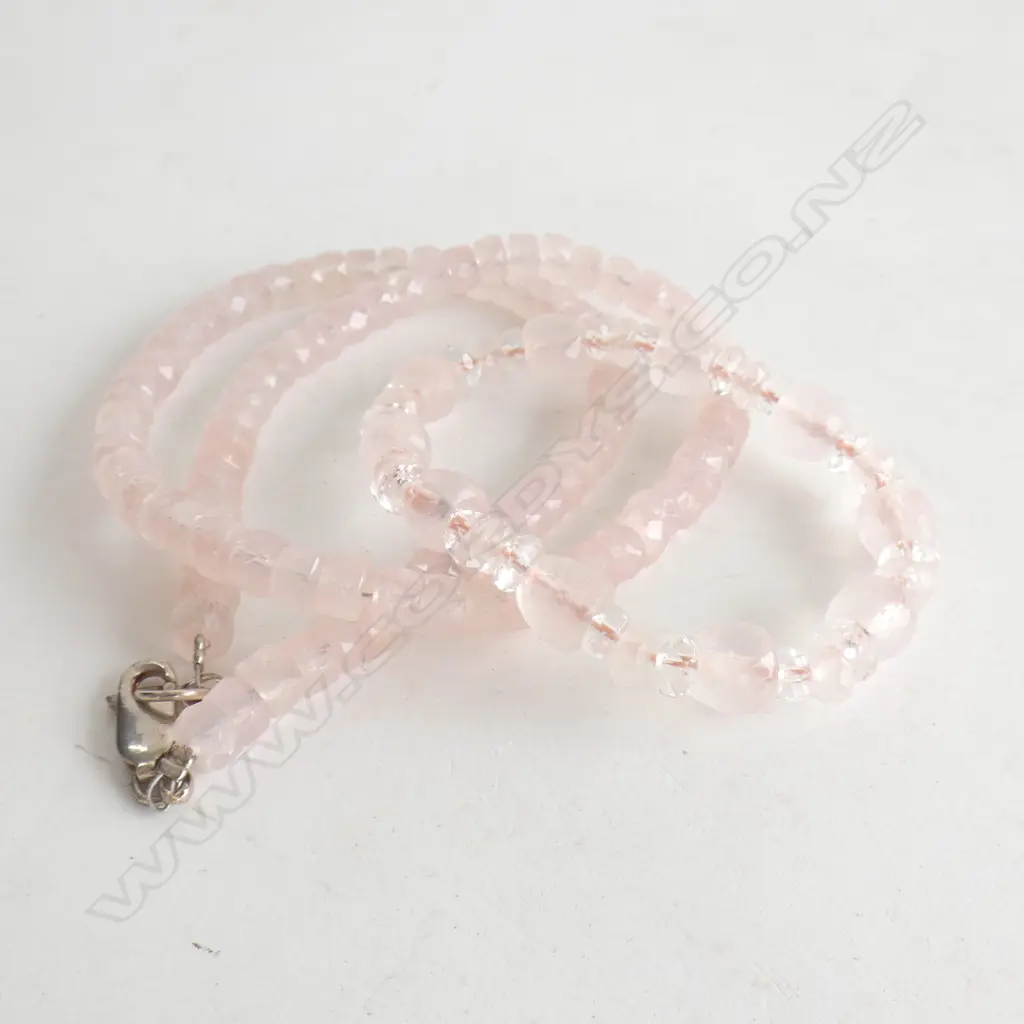 PINK QUARTZ BEAD NECKLACE - STG SILVER CLASP + BRACELET Image 1++