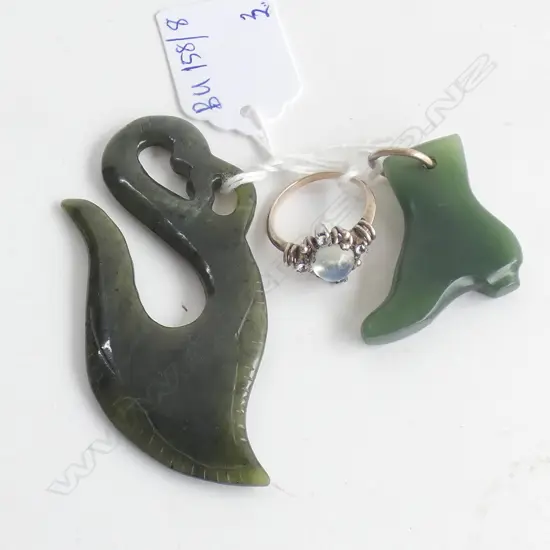 9CT? UNMARKED RING + GREENSTONE BOOT PENDANT + GREENSTONE CARVING