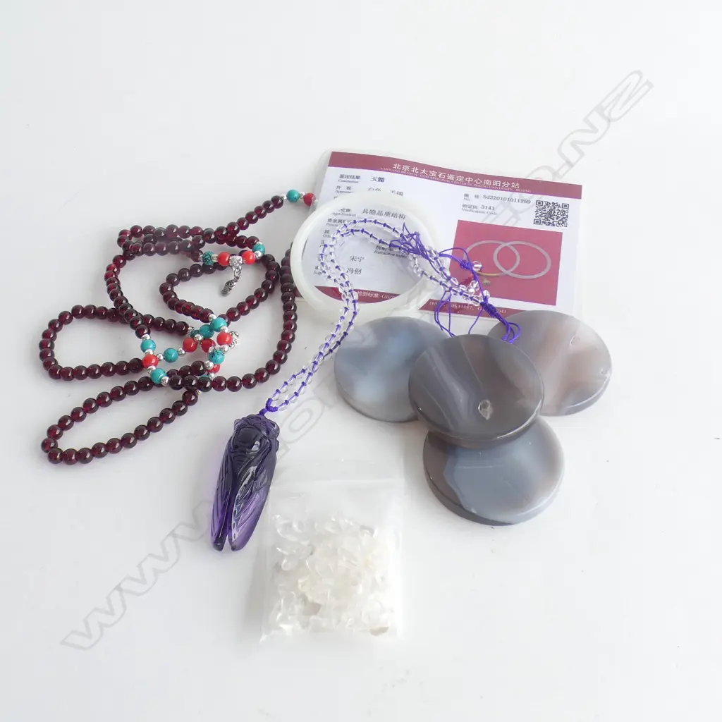ASST. CHINESE JEWELLERY; 4 DISKS, 2 BANGLES, 3 NECKLACES, SML BAG POLISHED WHITE STONES Image 1++