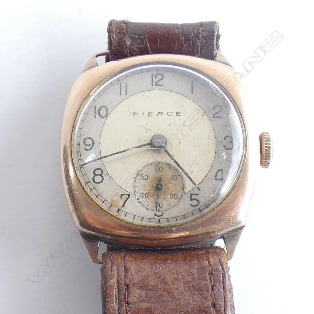 1930'S PIERCE 9CT GOLD WRISTWATCH NOT RUNNING LEATHER STRAP Image 1++