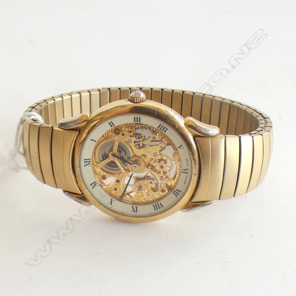 OYLMPIC GENTS SKELETON G/PLATE WRISTWATCH MECHANICAL RUNNING Image 1++