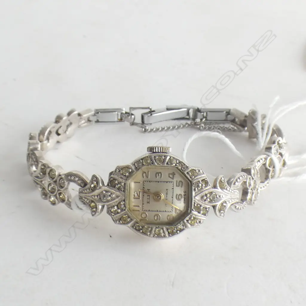 C1950 SILVER MARCASITE LADIES WRISTWATCH 'ELEM' MARKED Image 1++