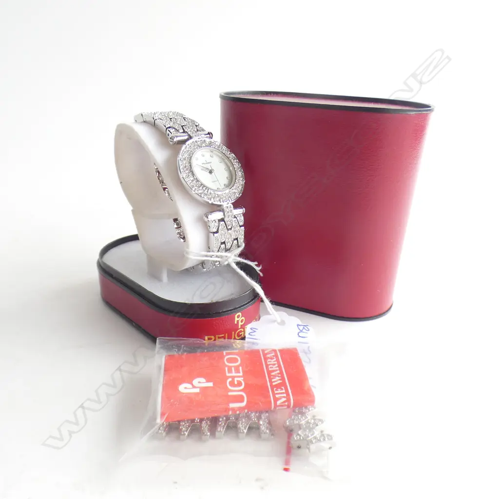 AS NEW PEUGEOT QUARTZ CZ PAVÉ WATCH - IN ORIGINAL BOX W EXTRA LINKS - NEEDS BATTERY Image 1++