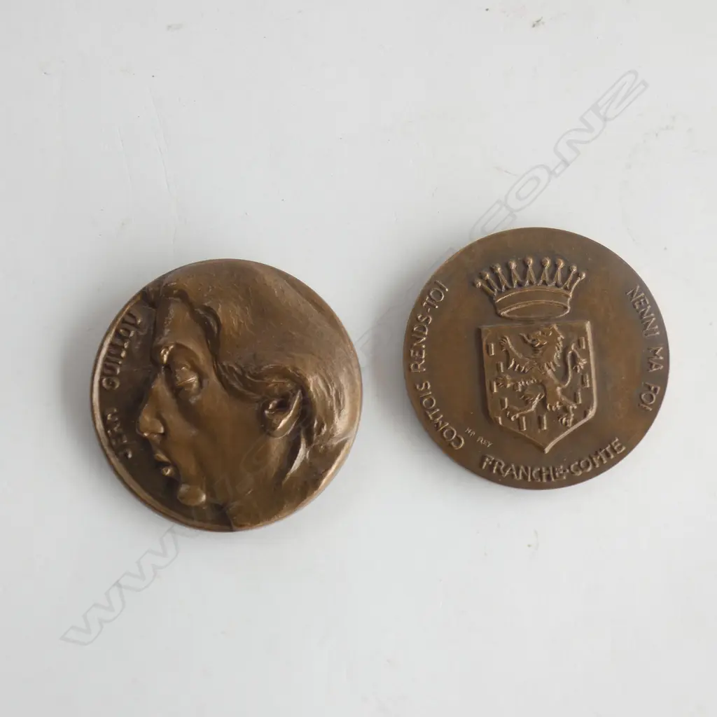 2 FRENCH BRONZE MEDALLIONS; 'JEAN GUILLOU' & 'FRANCHE COMTE' 70mm dia Image 1++