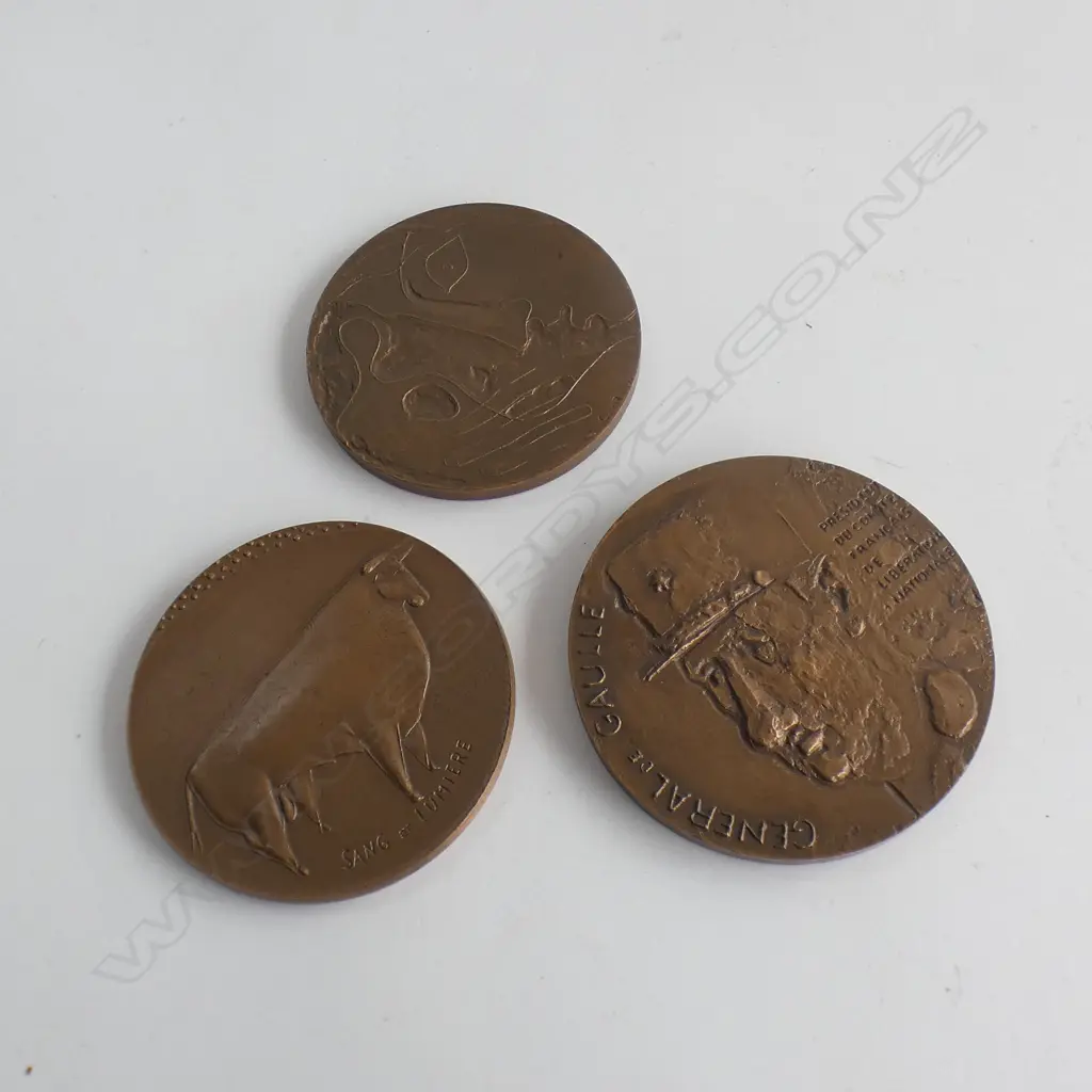 3 FRENCH BRONZE MEDALLIONS; 'SANG ET LUMIERE', 'HENRY MOORE' & 'GENERAL DE GAULLE' 77mm dia  Image 1++