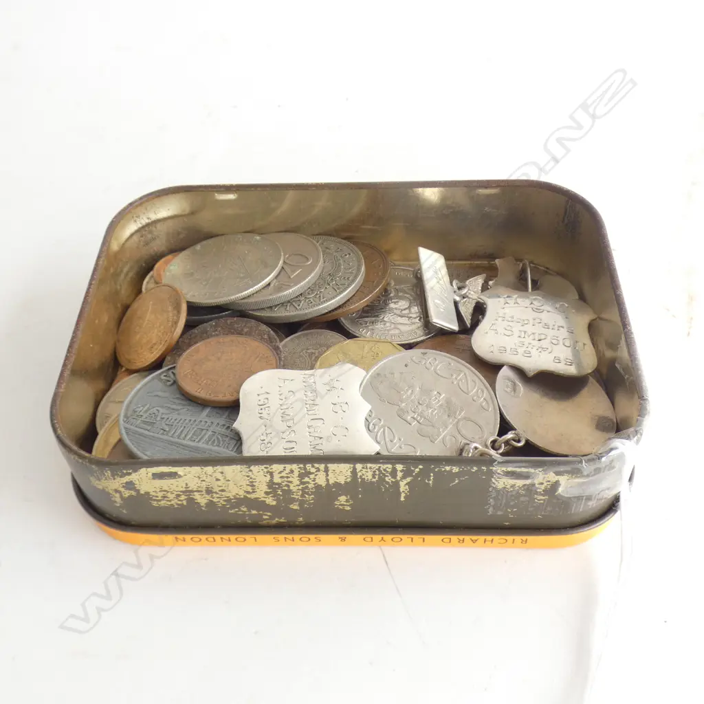 SML TIN ASST. WORLD COINS + 5 STG MEDALS 22 GRAMS Image 1++