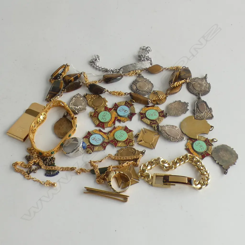 ASST. MOSTLY GOLD TONE COSTUME JEWELLERY; MENS ETC + MEDALS Image 1++