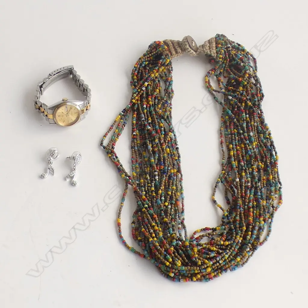 TRIBAL MULTI STRAND SMALL BEAD NECKLACE + SEIKO LADIES WATCH + EARRINGS Image 1++