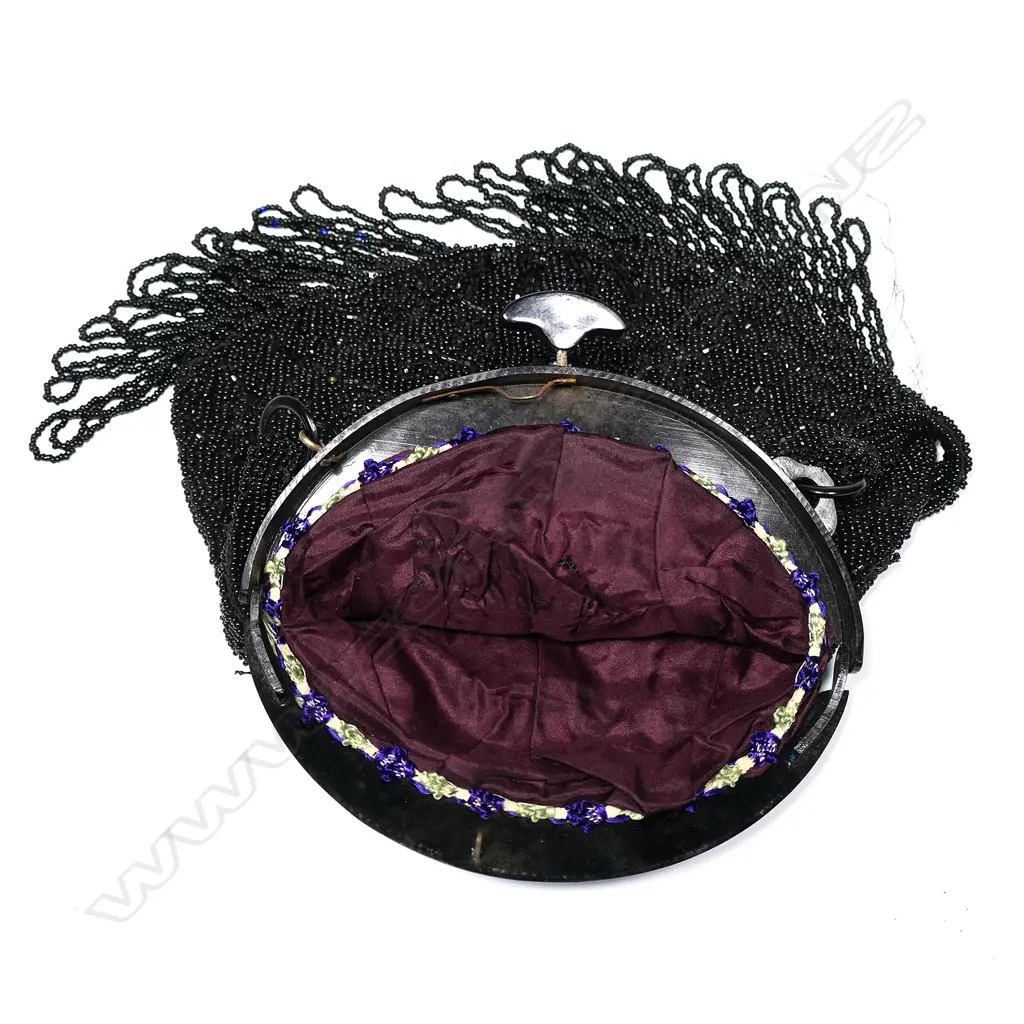 ANTIQUE BLACK BEADED PURSE, BEADED TASSELS & BAKELITE CLASP, SILK LINED  210 x 240mm Image 1++