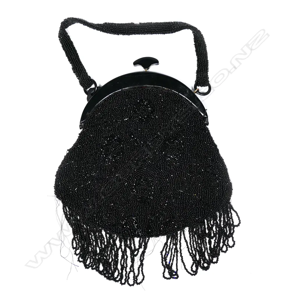 ANTIQUE BLACK BEADED PURSE, BEADED TASSELS & BAKELITE CLASP, SILK LINED  210 x 240mm Image 1++