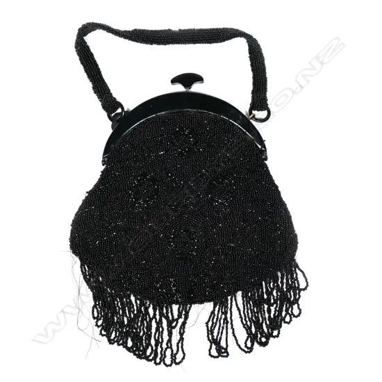 ANTIQUE BLACK BEADED PURSE, BEADED TASSELS & BAKELITE CLASP, SILK LINED  210 x 240mm