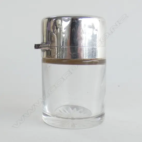 SILVER & CUT GLASS SLATS VANITY JAR. Tiny chip to glass