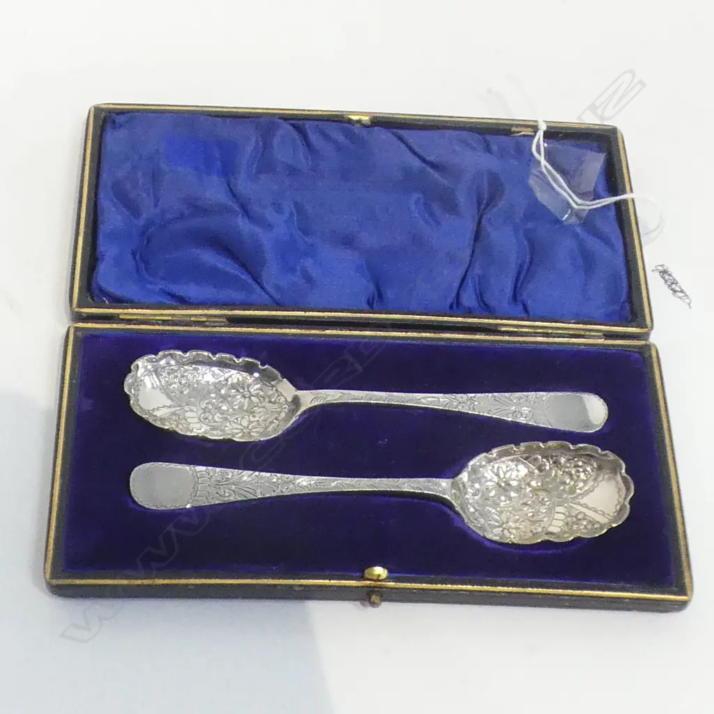 PAIR BOXED SILVER PLATE BERRY SPOONS  Image 1++