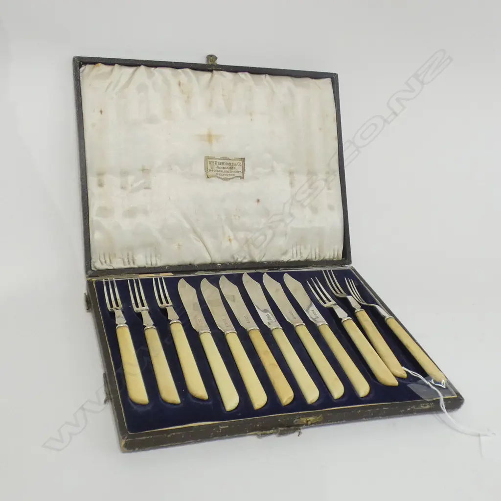 VINTAGE BOXED SET 6 BONE HANDLED FISH KNIVES & FORKS  Image 1++