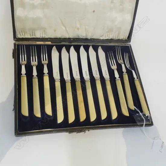 VINTAGE BOXED SET 6 BONE HANDLED FISH KNIVES & FORKS 