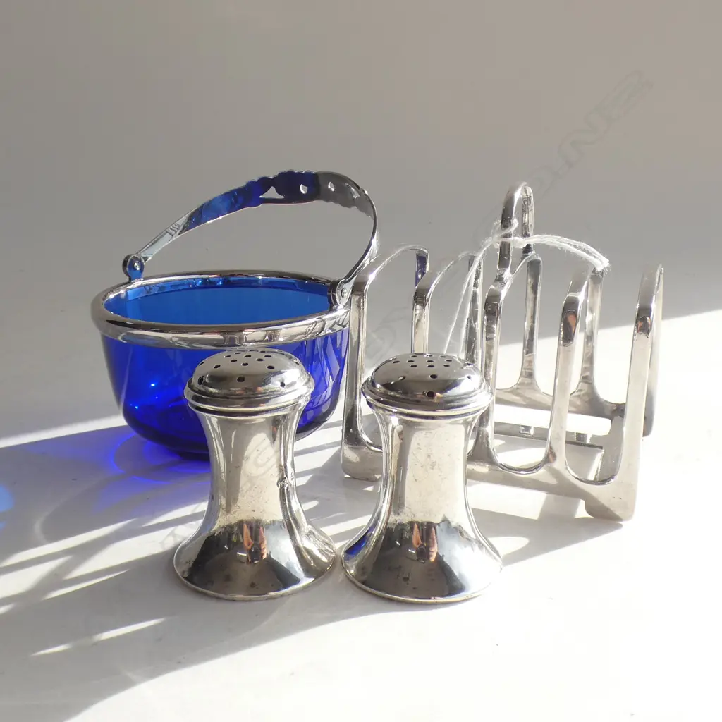 STG SILVER TOAST RACK + PR SALT & PEPPER (126 GRAMS) + DANISH SILVER BLUE GLASS BOWL Image 1++