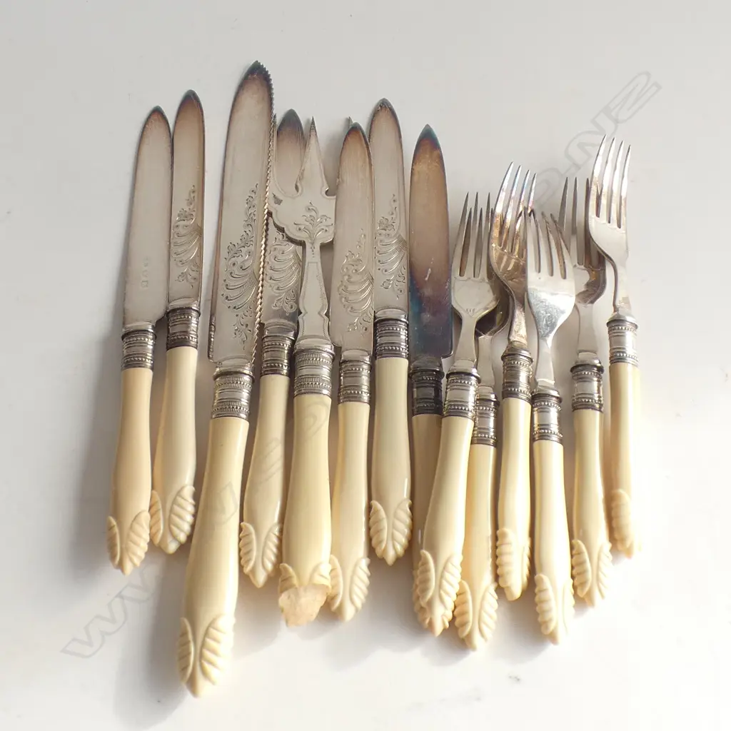 14 PCE IVORINE 'BONE' HANDLED FRUIT CUTLERY SET (SERVING KNIFE AF) Image 1++