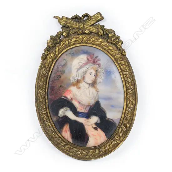 A portrait miniature in 18thC style, of a woman wearing a lace cap, signed Hall.