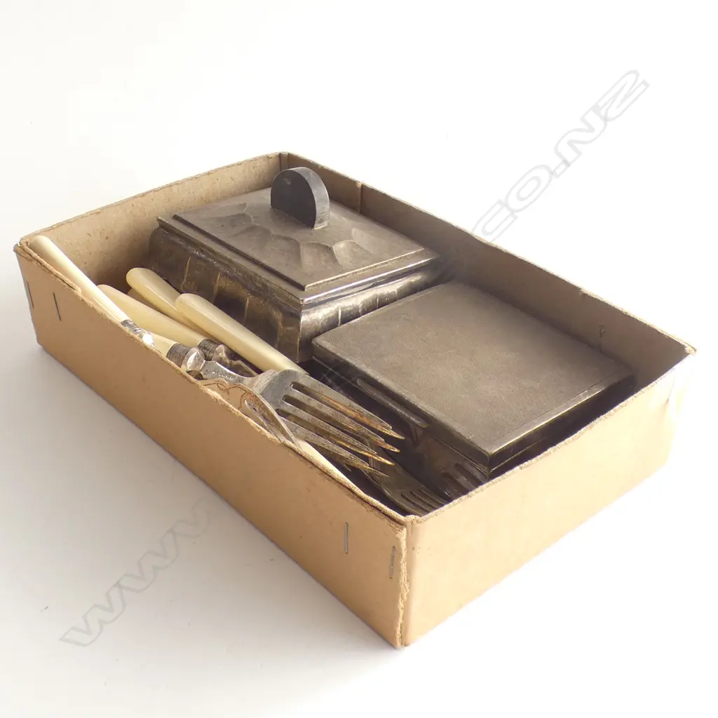 SM BOX SILVER PLATE; CIGARETTE BOX, LIDDED BOX & CELLULOID FISH CUTLERY  Image 1++