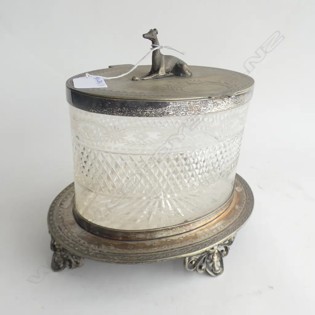 SILVER PLATE LIDDED CRYSTAL CONTAINER w. GREYHOUND PULL W.250mm Image 1++