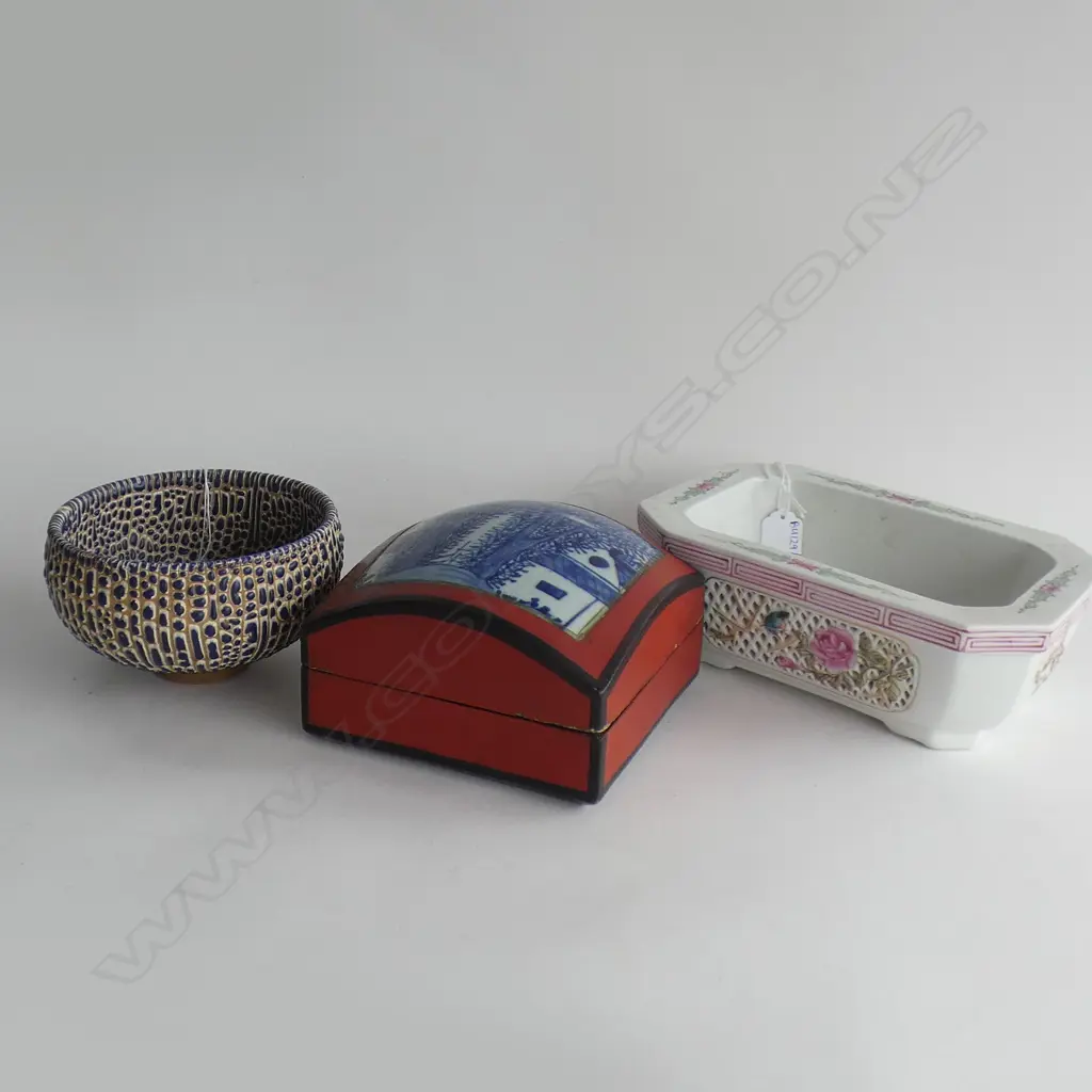 3 ORIENTAL PCES; BOWL 150mm dia, LIDDED CONTAINER & PLANTER W.225mm Image 1++