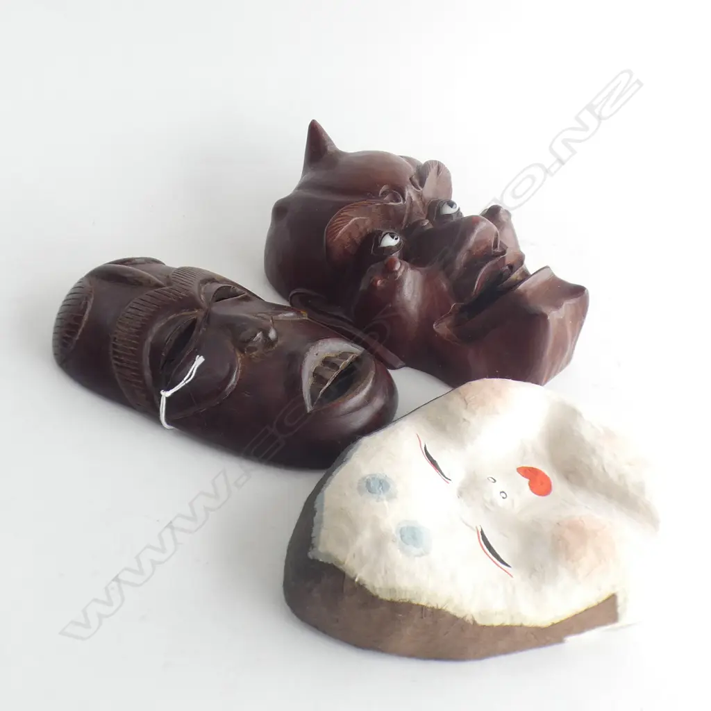 3 MASKS; 2x CARVED WOODEN + ORIENTAL PAPIER MACHE H.200mm Image 1++