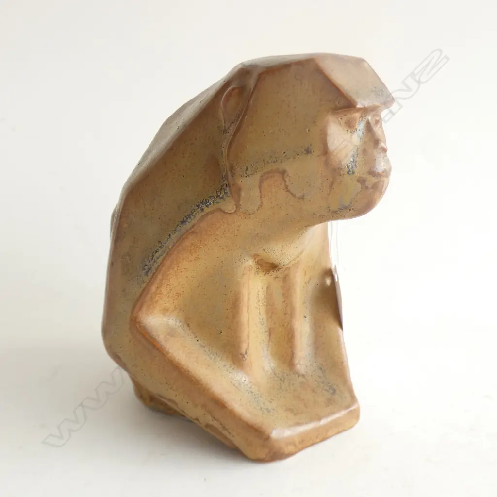 CUBIST POTTERY MONKEY SCULPTURE BROWN GLAZE H.140mm Image 1++