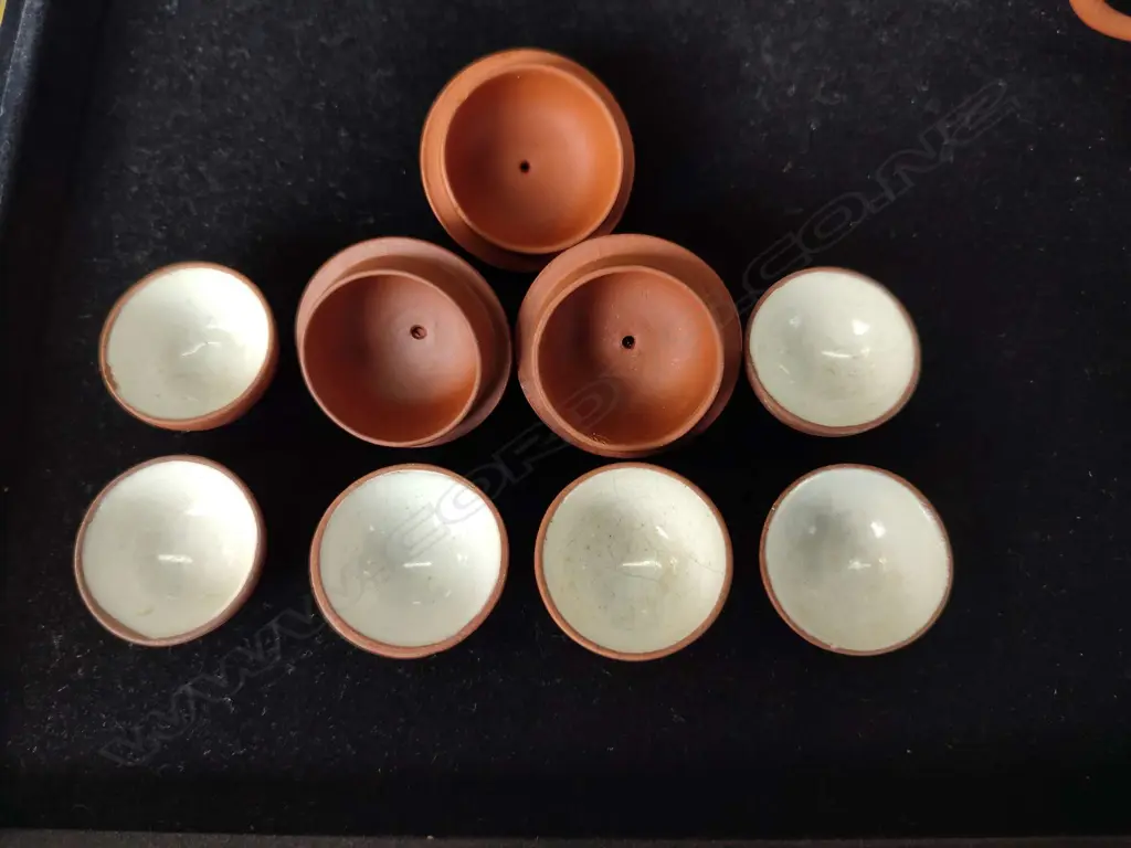 MINIATURE ORIENTAL 8 PC TERRACOTTA TEASET; TRAY, 6 CUPS & TEAPOT + 1 OTHER TEAPOT & SPARE LID Image 1++