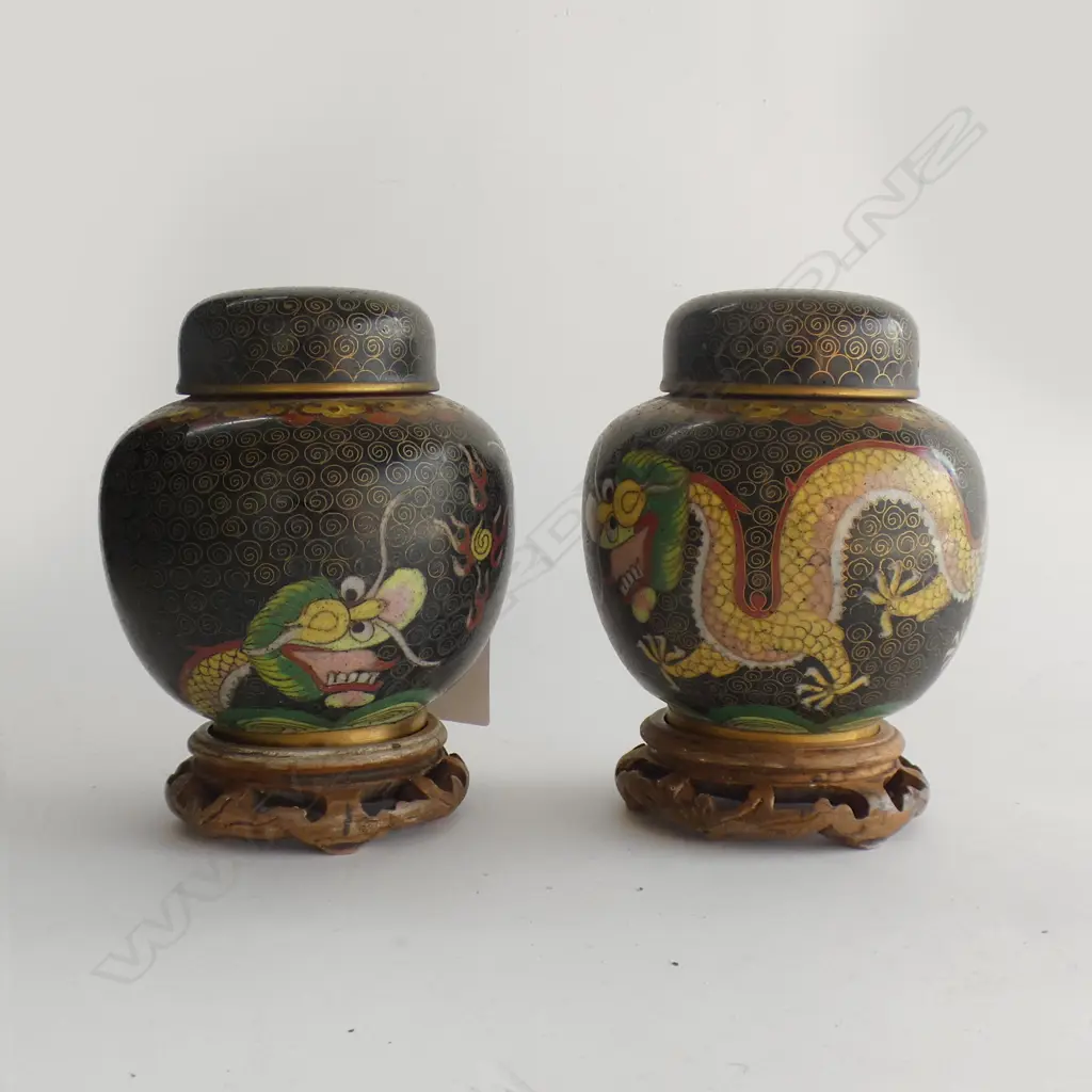 PR CHINESE CLOISONNE GINGER JARS ON STANDS H.125mm Image 1++