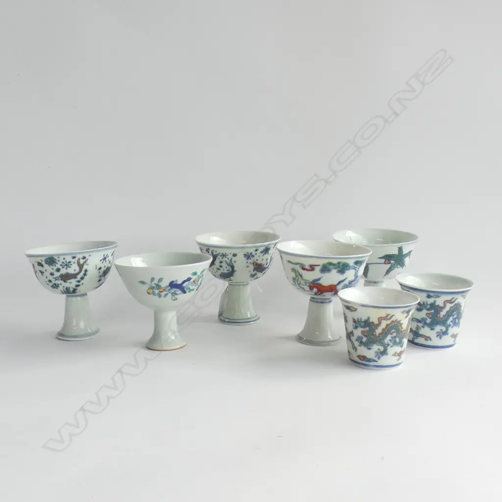 7 PCS CHINESE DOUCAI PORCELAIN; 5 ASST STEMMED CUPS & 2 SMALL TEACUPS Image 1++